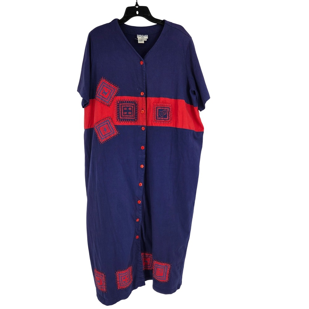 FridayWear Plus Womens 3X House Dress Navy Red Shoulder Pads Lounge Shift
